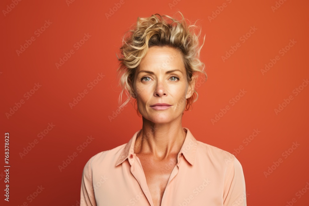 Portrait of a beautiful middle aged woman with blonde hair on a red background Portrait of a beautiful middle aged woman with blonde hair on a red background