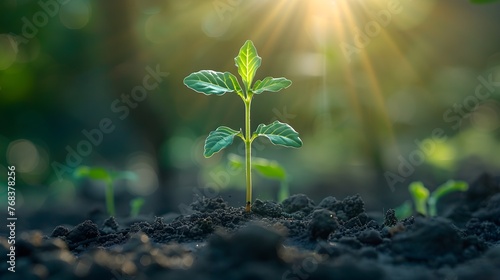 A small plant breaking through the ground, sunlight, depth of field, real photography. For posters, covers, background