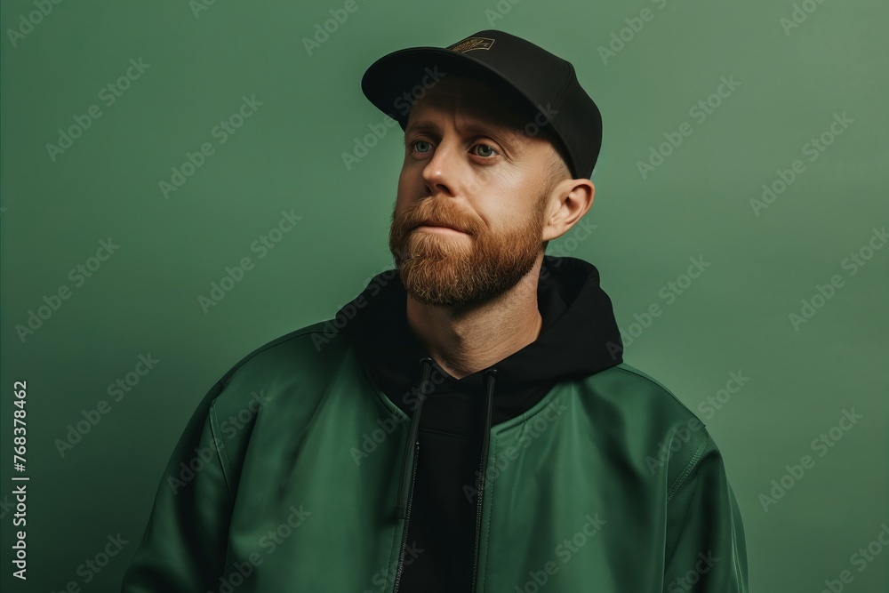 Portrait of a stylish red-bearded man in a green jacket and cap. Portrait of a stylish red-bearded man in a green jacket and cap.