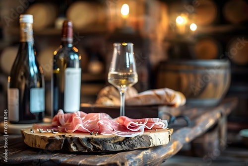 Rustic setting with Parma ham on a wooden board wine glasses and wooden accents. Concept Rustic Setting  Food Styling  Wine Pairing  Wooden Accents  Charcuterie Display