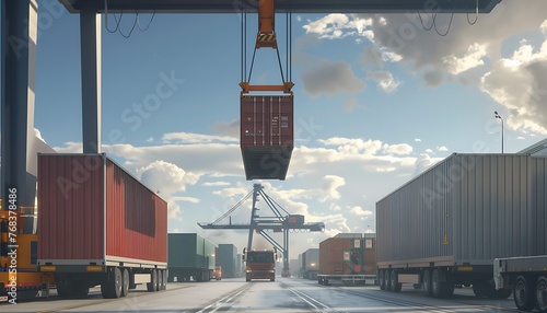 A crane lifts a container onto a truck, illustrating logistics, transportation, and loading operations photo