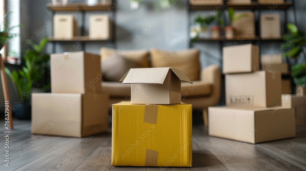 Cardboard boxes piled in a well-lit, plant-adorned modern living room. Cardboard boxes piled in a well-lit, plant-adorned modern living room.