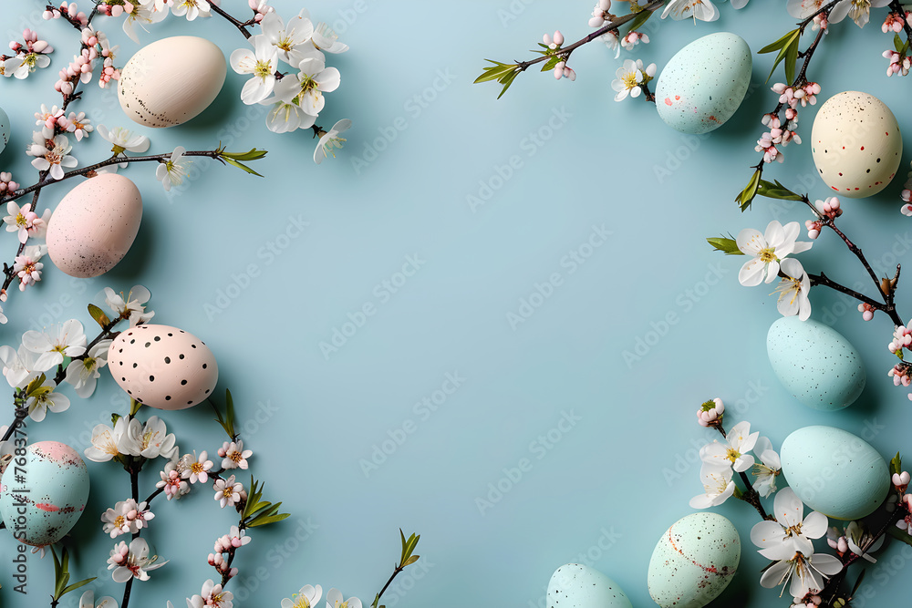 Frame with white and blue speckled easter eggs and cherry blossoms on light blue background. Happy Easter concept. Simple spring template, greeting card, banner. Top view, flat lay with copy space