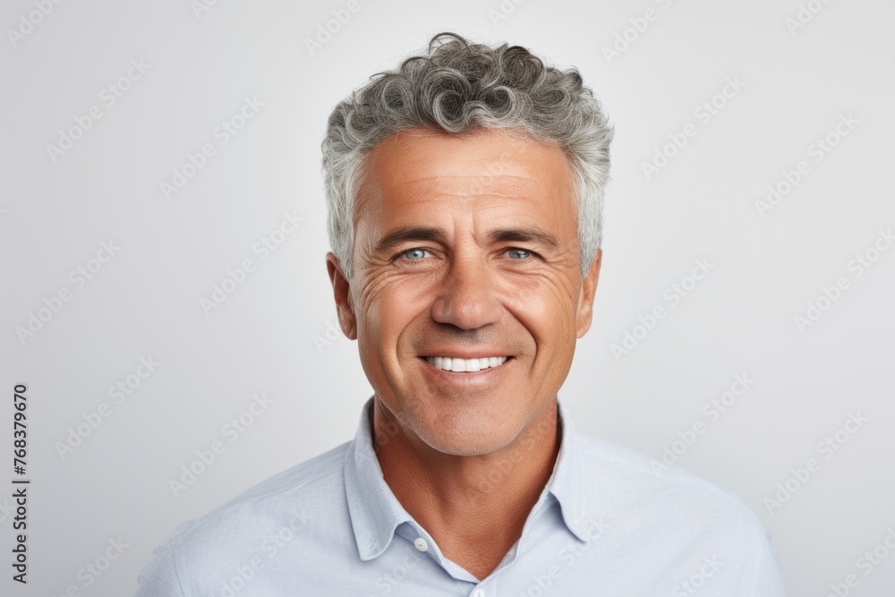 Handsome mature man with grey hair looking at camera and smiling while standing against grey background Handsome mature man with grey hair looking at camera and smiling while standing against grey background