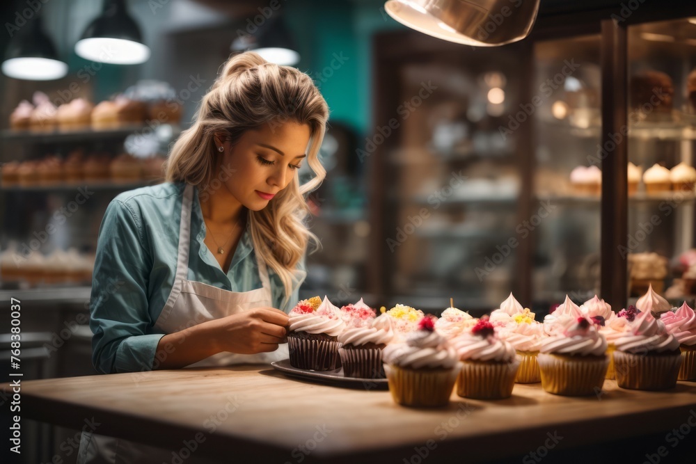 female baker decorating delicious cupcakes in bakery
