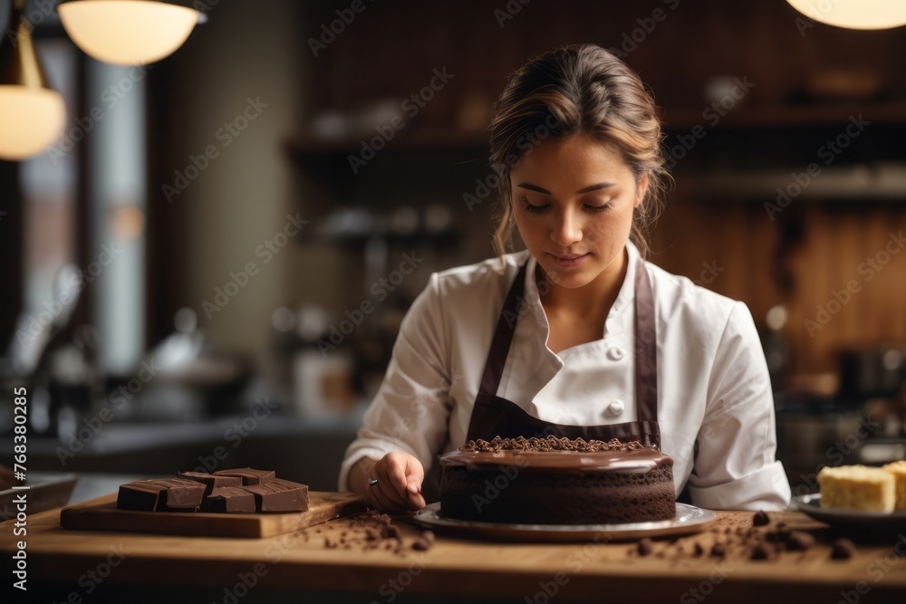 Young female pastry chef making delicious homemade chocolate cake in the kitchen