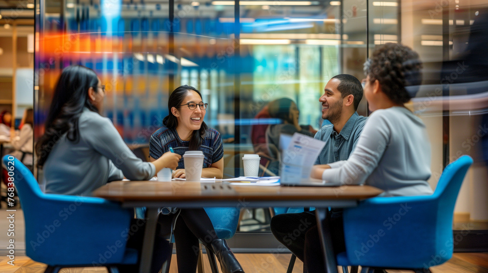 Dynamic Office Discussion and Strategic Teamwork in a Contemporary Co-working Space with Casual Business Meetings and Creative Indoor Atmosphere Dynamic Office Discussion and Strategic Teamwork in a Contemporary Co-working Space with Casual Business Meetings and Creative Indoor Atmosphere
