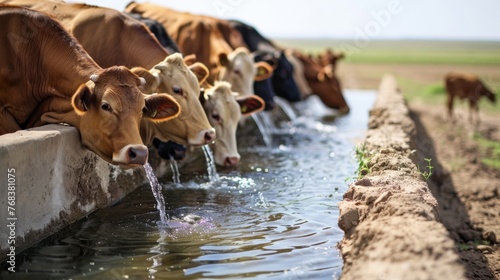 A group of cows gathered around a watering trough happily drinking from the fresh water provided by a solarpowered system. . AI generation. photo
