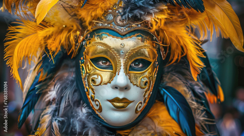 Carnival mask in Venice for a masquerade party background. Italian Costume Theatre. Gold feather mardi gras Holiday Celebration 