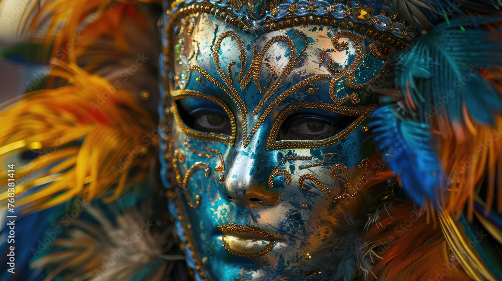 Carnival mask in Venice italy for a masquerade party background. Italian Costume Theatre. Gold feather mardi gras Holiday Celebration 