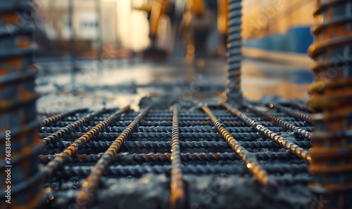 A macro shot captures the strength and structure of steel rebar being laid in a foundation during construction