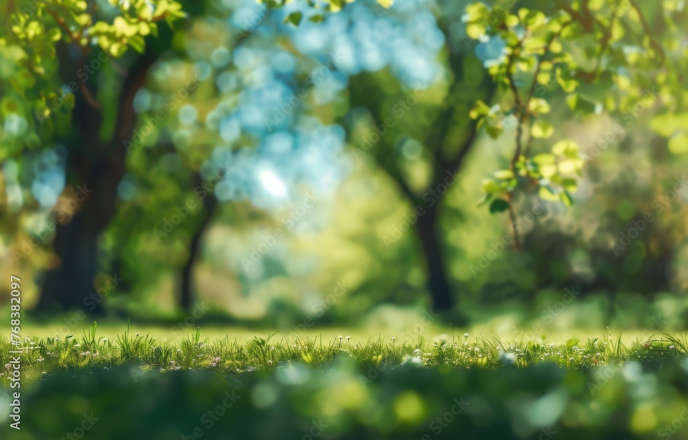 Beautiful blurred background of spring nature with green grass and trees on the lawn in park or garden under blue sky Beautiful blurred background of spring nature with green grass and trees on the lawn in park or garden under blue sky