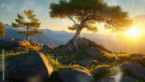 Sunrise over rocky mountains with old trees. 4K seamless looping virtual video animation background photo