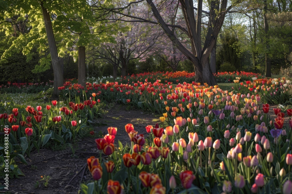 Field of red and yellow tulips under the spring sun