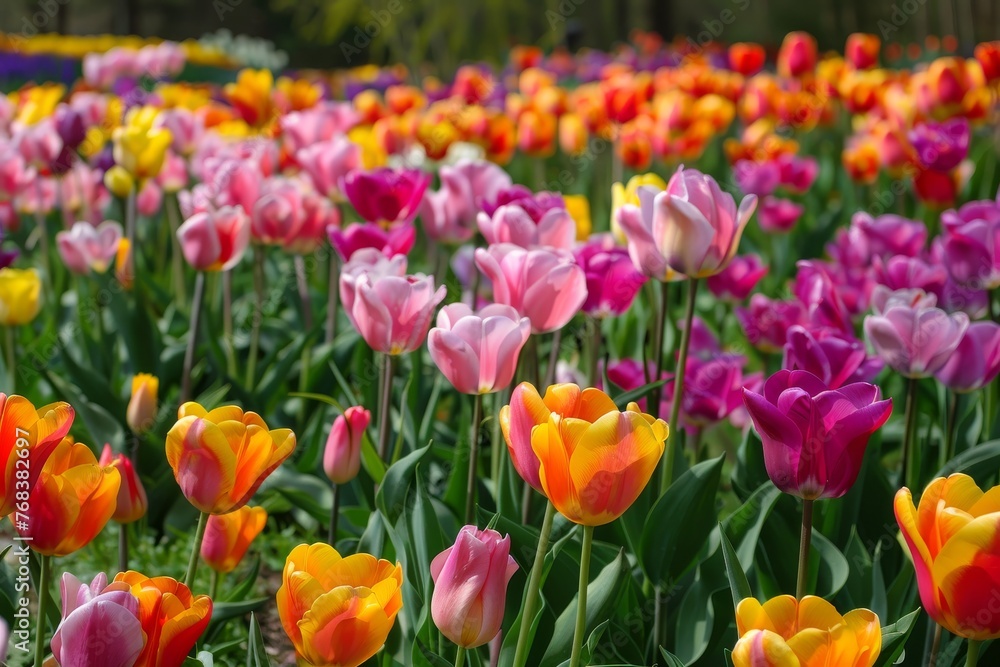 Colorful tulips in sunlight with blurred background, vibrant spring flowers Colorful tulips in sunlight with blurred background, vibrant spring flowers