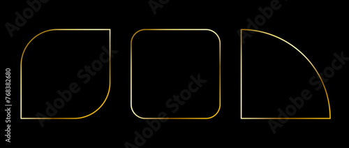 Golden thin frame set. Gold geometric art deco borders. Thin linear rounded and curved shape collection. Yellow glowing shiny boarder element pack. Vector bundle for photo, cadre, decoration, poster