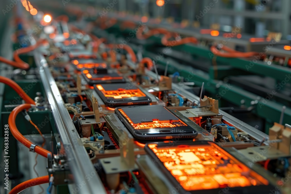 A conveyor line for the assembly and configuration of modern mobile devices. A conveyor line for the assembly and configuration of modern mobile devices.
