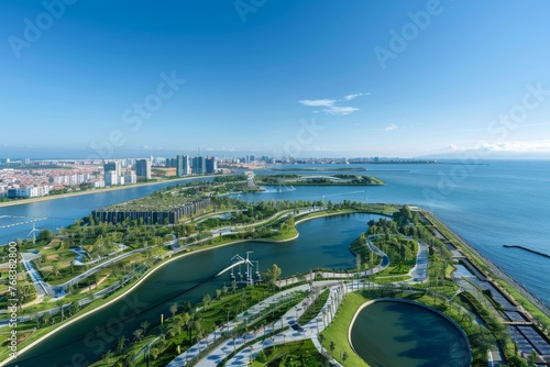 Modern coastal cityscape background created with Generative AI Technology