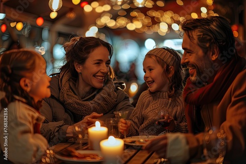 A family with children had a family dinner at an outdoor cafe. Communication over meals.