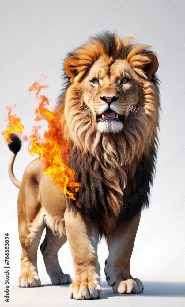 lion in fire dynamic pose on white background lion in fire dynamic pose on white background