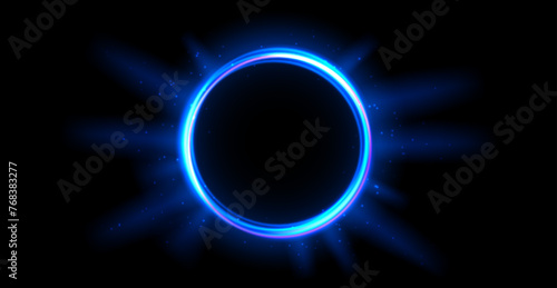 Blue glowing portal concept. Neon hologram teleport on black background. Circle digital gate with aura and beams and rays. Round flare podium template for game, ui, interface. Vector illustration