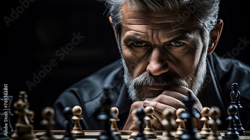 close-up of a man's face thinking hard over a chessboard with his pieces created with Generative AI Technology