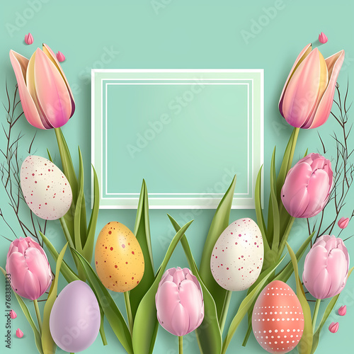 Frame made of colored Easter eggs and colorful tulip flowers with blank card with copy space. Happy Easter concept. Simple spring postcard, banner, invitation. Top view, flat lay © ratatosk