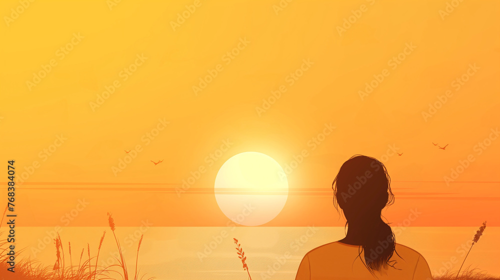 Mulher olhando o por do sol com cores amarelo - Ilustração - obrazy, fototapety, plakaty 