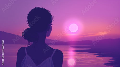 Mulher olhando o por do sol com cores roxo - Ilustração © Vitor