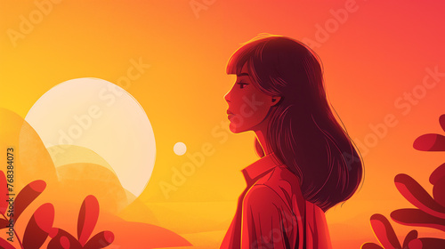 Mulher olhando o por do sol com cores amarelo - Ilustração