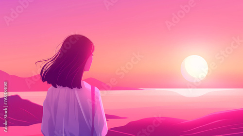 Mulher olhando o por do sol com core rosa - Ilustração photo