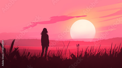 Mulher olhando o por do sol com core rosa - Ilustração