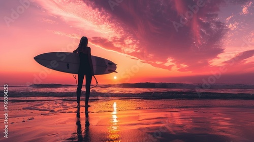 Silhouette of a Female Surfer with Board Watching Sunset on the Beach. Surfing Lifestyle and Summer Vibes Concept photo