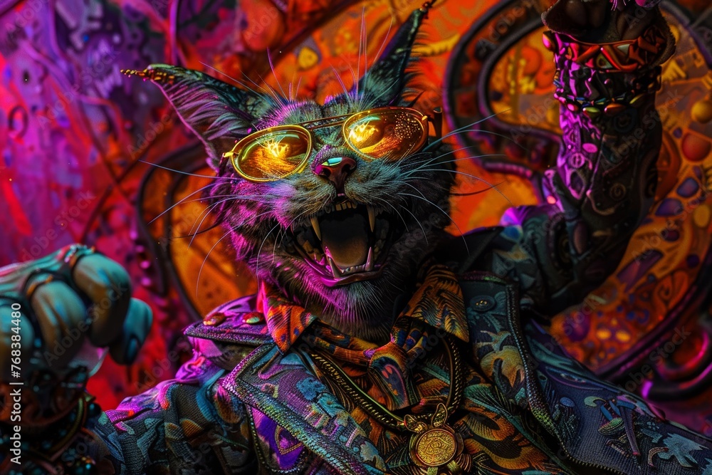 Fototapeta premium Cat boss celebrating in hell, infernal party, medium shot, dynamic lighting, Psychedelic funk art