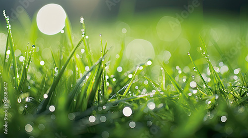 macro close-up of morning dew sparkling on lush spring green grass wet after rain with a refreshing feel created with Generative AI Technology