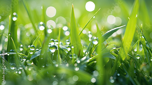 macro close-up of morning dew sparkling on lush spring green grass wet after rain with a refreshing feel created with Generative AI Technology