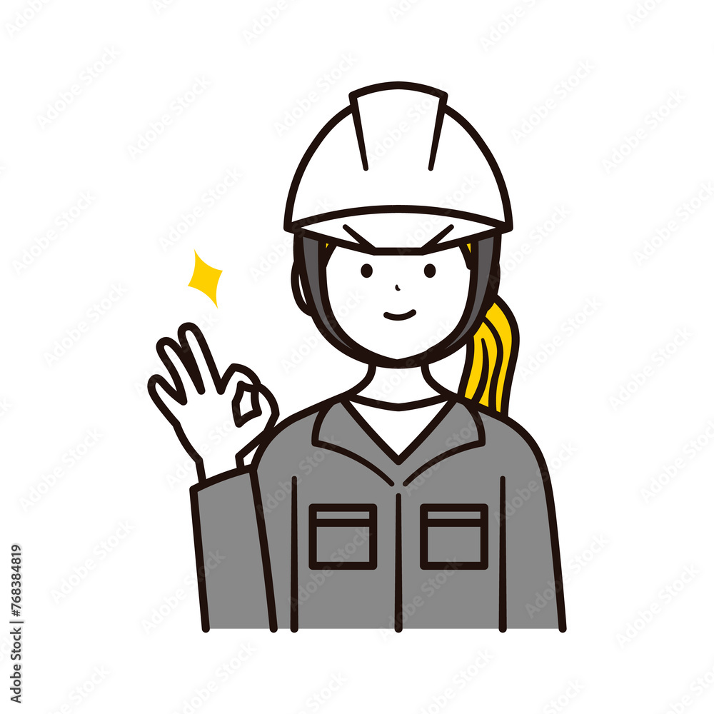 オッケーポーズをする建築現場で働く日本人女性会社員の上半身と星のイラスト素材 オッケーポーズをする建築現場で働く日本人女性会社員の上半身と星のイラスト素材