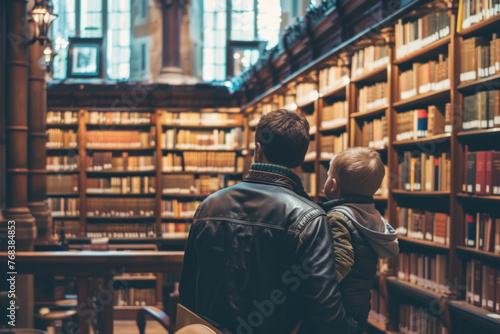 Father and Child Browsing Through Books in the Cozy Ambience of an Old Library