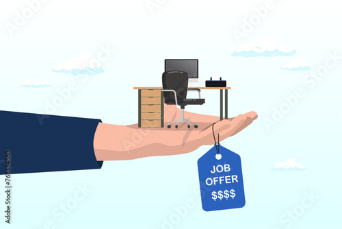 Businessman hand offer new office desk job, job offer for new career position, recruitment vacancy or contract offer for new hire, position or success candidate to join, welcome opportunity (Vector)