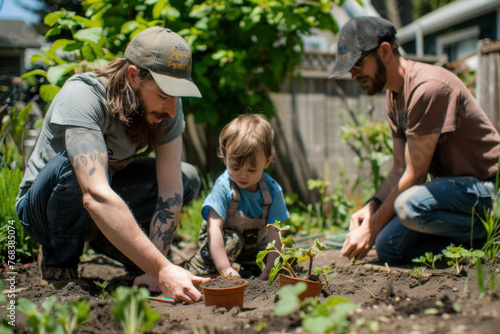 Two Men and a Child Planting in the Garden, Teaching about the Environment