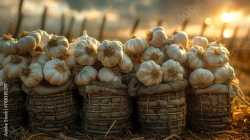 Garlic, a pungent bulbous plant, is prized for its distinct flavor and numerous health benefits. Used in cuisines worldwide, it adds depth to dishes and is renowned for its antimicrobial properties.
 photo