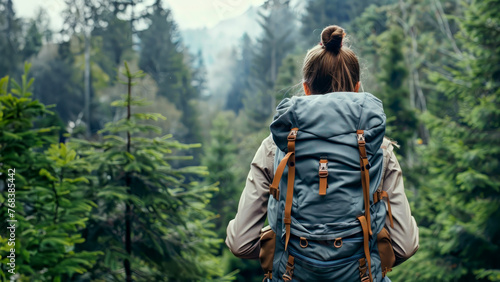 Woman hiker wearing a backpack trekking through a forest, exploration of nature surrounded by trees, outdoor wanderlust journey