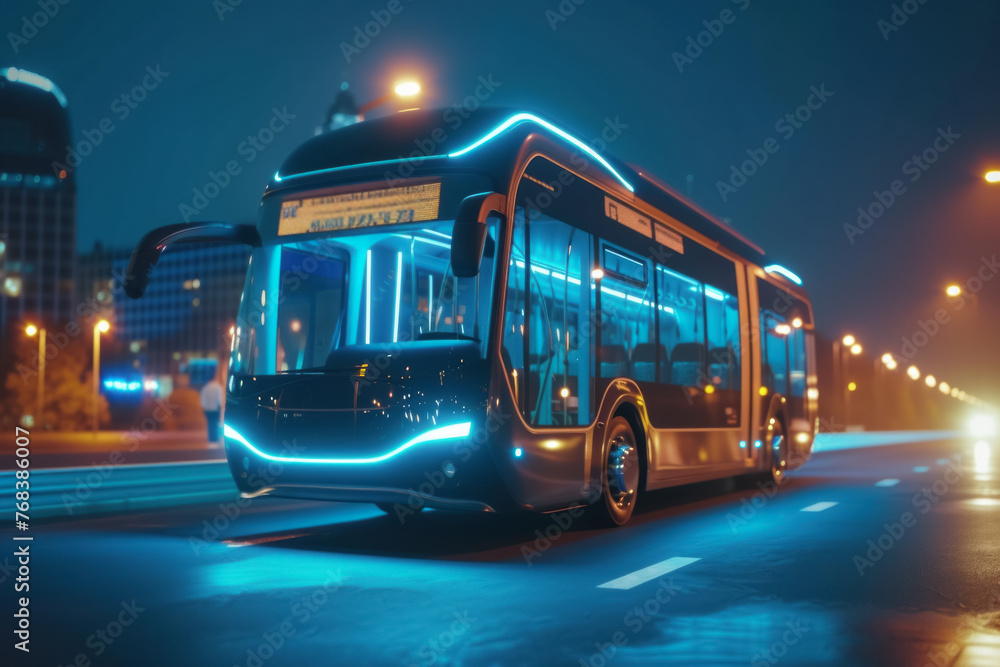 Electric Autonomous Public Bus Glowing in the City at Night