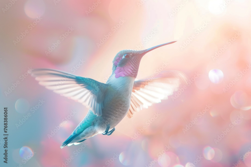 Hummingbird Hovering Mid-Air with Iridescent Feathers Glowing in the Sunlight
