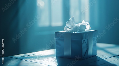 A moody, atmospheric image of a blue gift box left waiting on a table, the white ribbon perfectly tied, the entire scene bathed in soft blue hues, isolated against a blue background to evoke the myste photo
