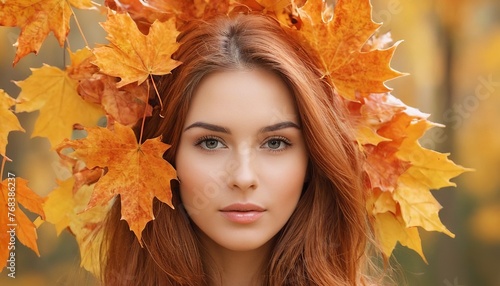 Fall Cosmetics Concept: Beautiful Woman with Autumn Maple Leaves on Hair