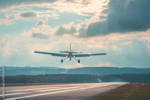 Light Aircraft Taking Off from the Runway Against a Dramatic Sky