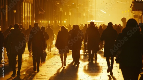Backlit silhouettes of busy pedestrians in an urban setting as the sun sets, casting a golden glow. © red_orange_stock