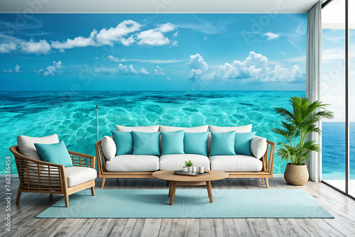 ocean style living room interior with dining table perfect for home parties, Generative AI