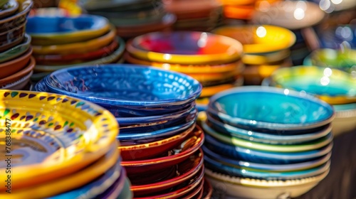 Close-up of a collection of bright ceramic plates and bowls in various colors and patterns.
